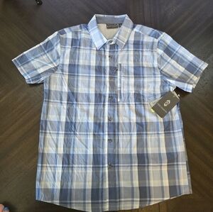 Men's Free Country Blue Plaid Short Sleeve Button-Down Shirt, Medium New Outdoor